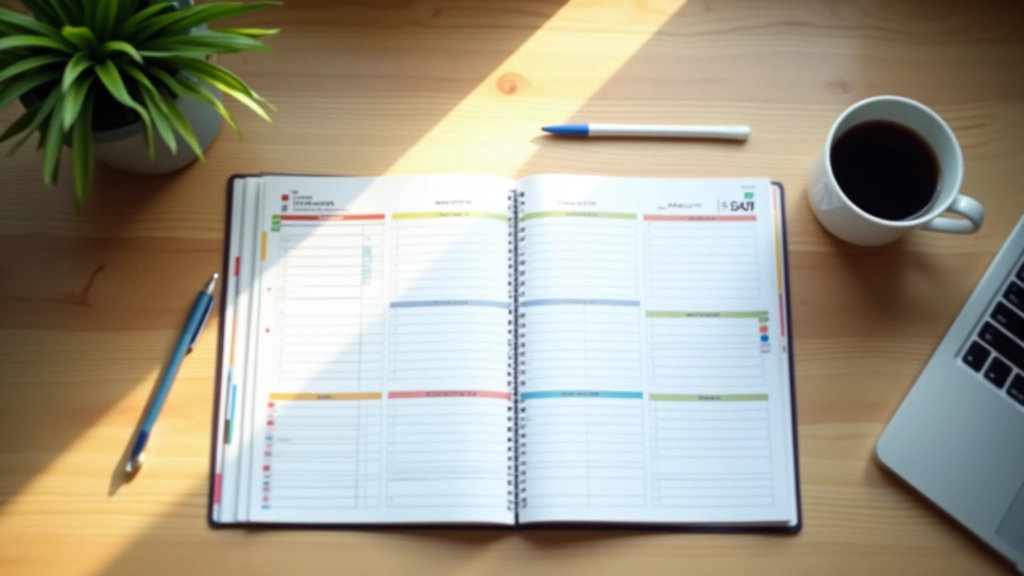 Time management planning with calendar showing flexible work schedule and personal time blocks, organized workspace