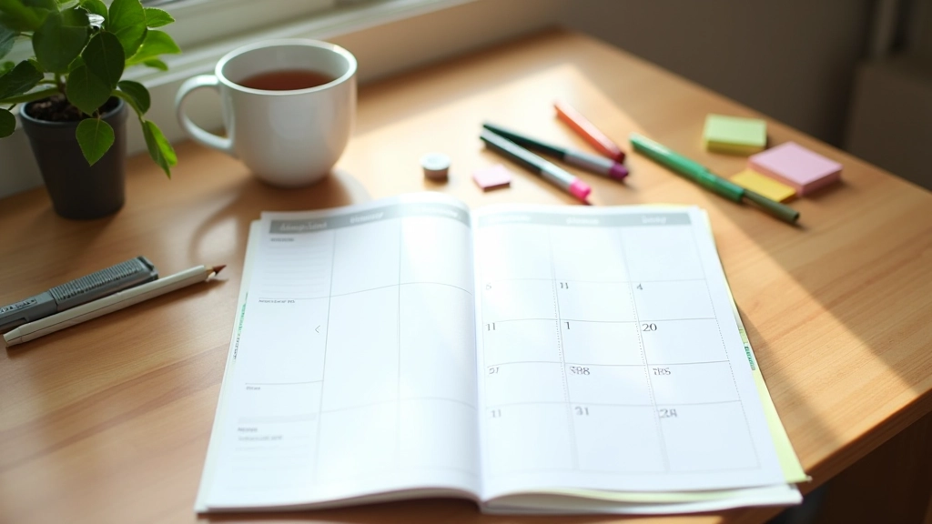 Calendar and planner on desk showing scheduled time blocks and personal appointments