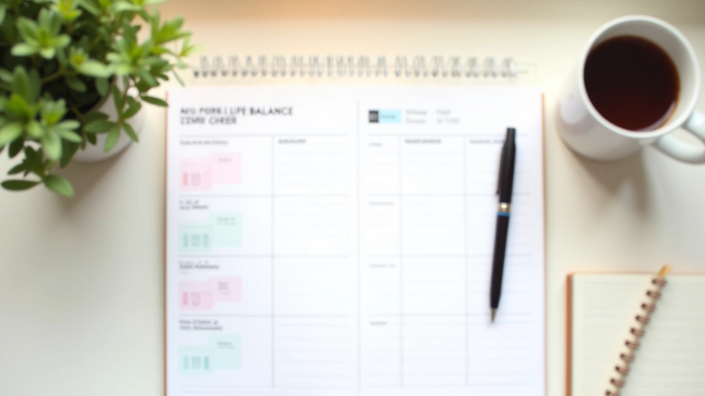 Organized desk with time management system showing different colored blocks for work focus, meetings, and personal time