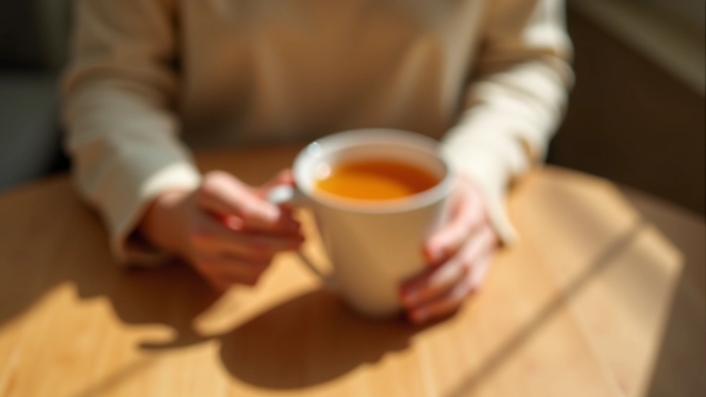 Hands holding warm tea cup on wooden table, natural morning light from window, peaceful home setting