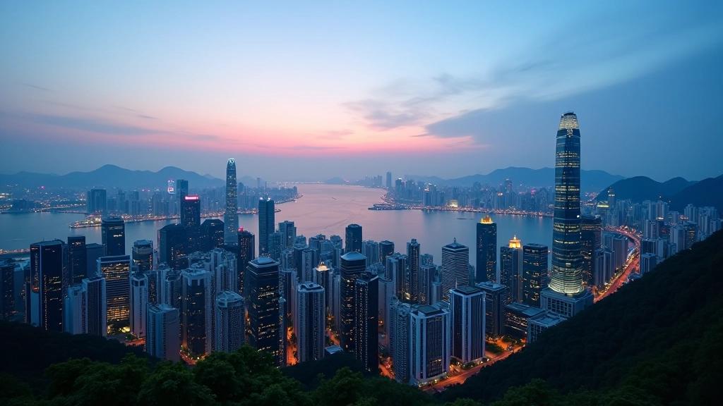 Hong Kong business district skyline with modern office buildings and harbor