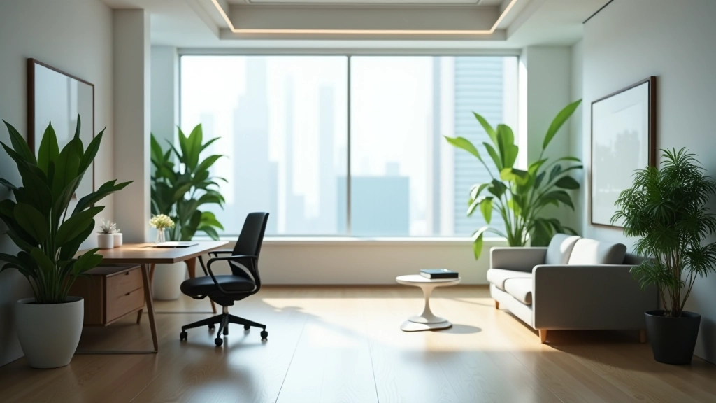 Modern workspace with balanced design showing work area and relaxation space, natural lighting through large windows, serene environment