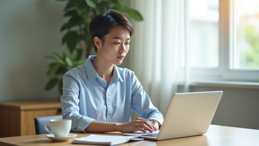 Person working at desk with coffee and notebook, bright morning light through window