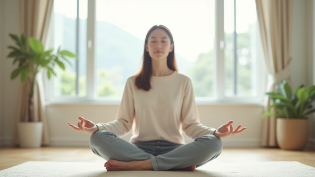 Person meditating peacefully in calm home environment, serene setting