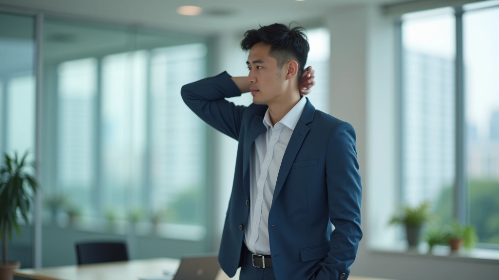 Person at standing desk doing stretching exercises, office environment, proper posture, workplace wellness