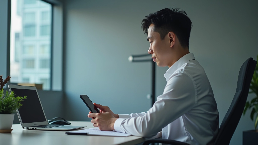 Person using phone with calendar and notification settings visible, organized digital workspace, clean desk