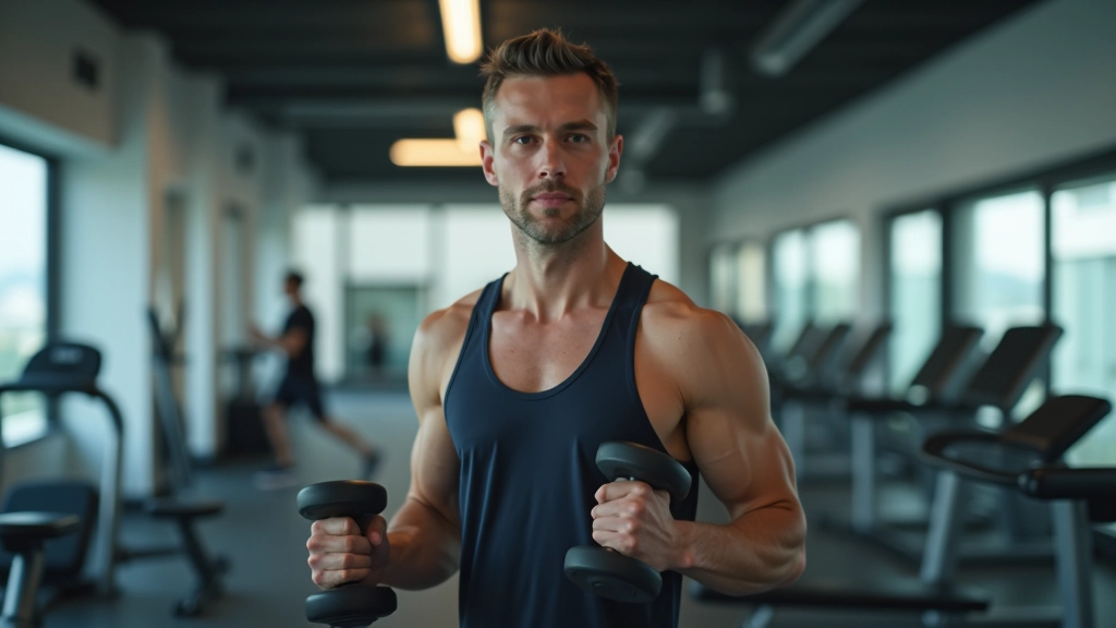 Person exercising in gym with dumbbells, focused on strength training workout