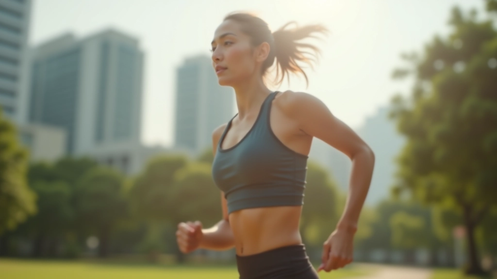 Woman jogging outdoors in urban park setting, morning exercise routine, natural sunlight, energetic movement