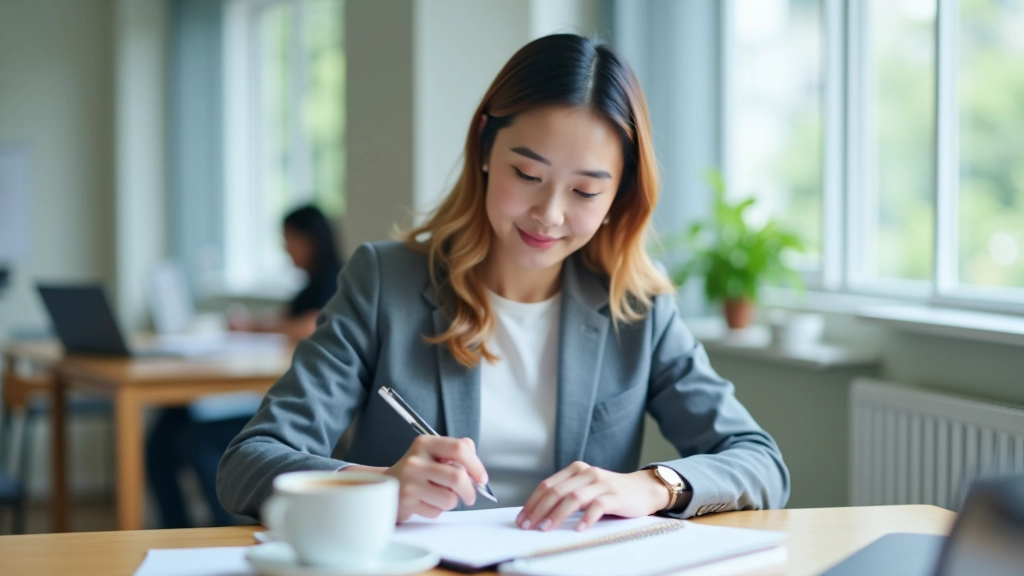 Woman sitting at desk reviewing notes and calendar planning, focused expression, natural lighting