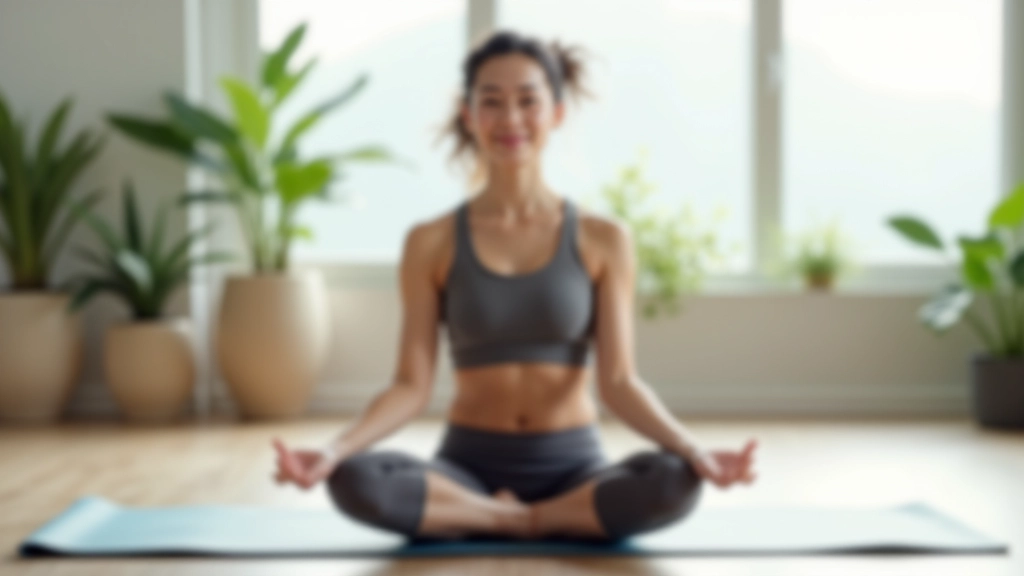 Person practicing yoga or stretching indoors, sitting on mat in bright room with natural window light, peaceful expression